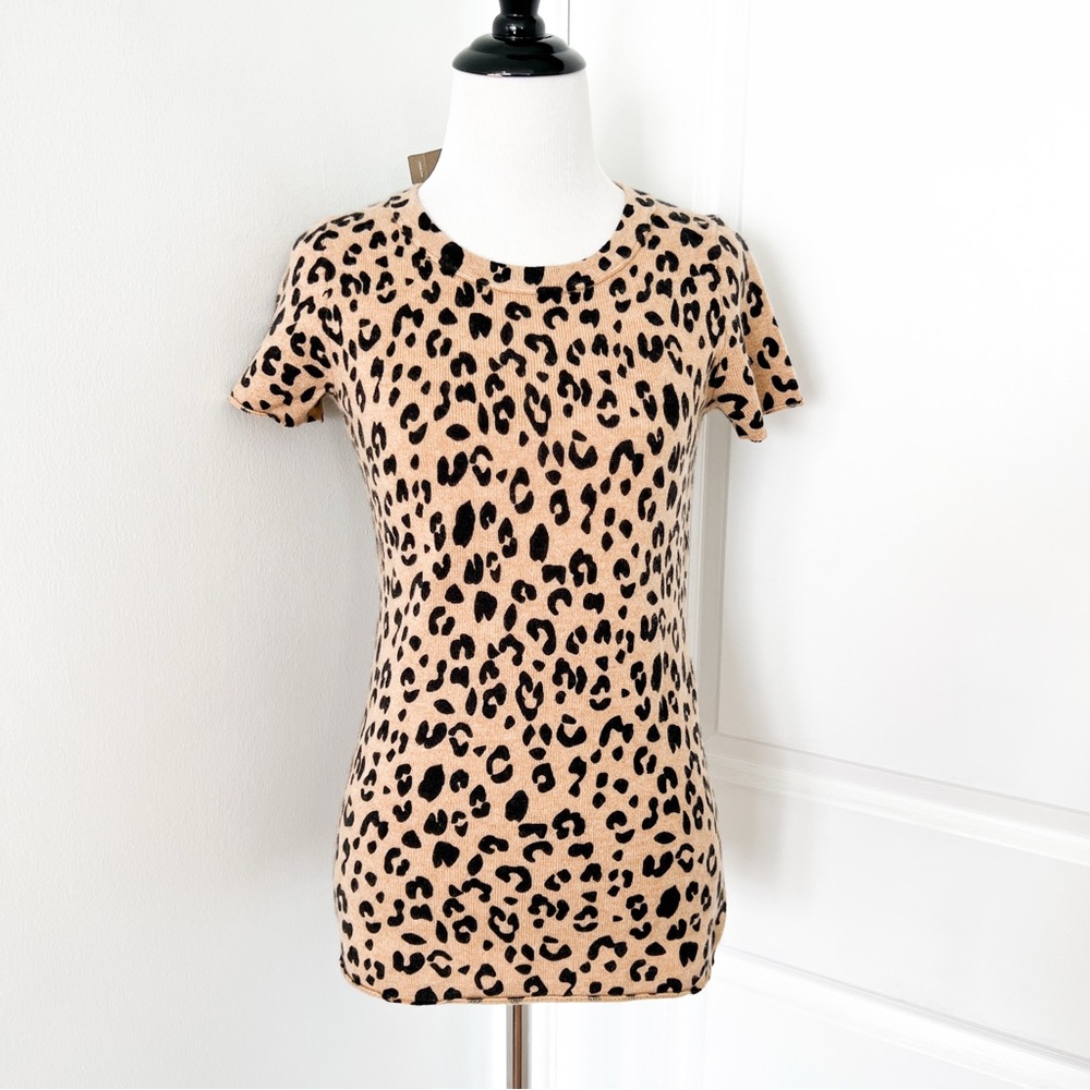 J. Crew Tan and Black Leopard Print Short Sleeve Cashmere Top - XS